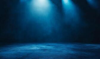 A dark blue background with spotlights and smoke. photo