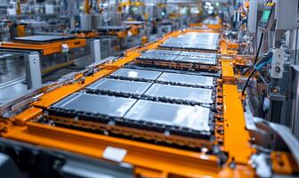 A close-up of an automated assembly line in a factory, showcasing a row of battery cells being transported on a conveyor belt. The cells are stacked and ready for further processing. photo