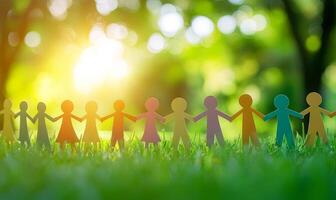 A chain of colorful paper people holding hands, standing in a line on green grass with a blurred background of trees and the setting sun. photo