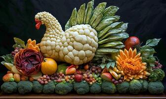 A carved turkey made of vegetables and fruits for a Thanksgiving feast. photo