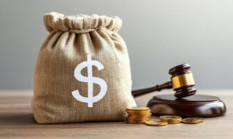 A burlap money bag with a dollar sign printed on it, a gavel, and a stack of gold coins on a wooden table. photo