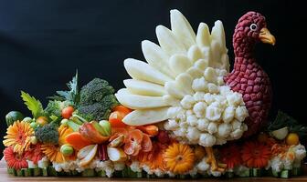 A carved turkey centerpiece made of vegetables and fruits, surrounded by an arrangement of various vegetables and flowers. photo