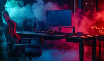 A black gaming desk with a computer monitor, keyboard, mouse, and microphone. A black gaming chair is in front of the desk. The background is filled with blue and red smoke. photo