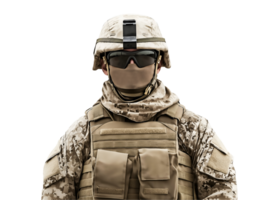 frente ver de un moderno nos marina en Desierto camuflaje uniforme con táctico engranaje y combate casco, militar retrato para contemporáneo guerra y especial operaciones representación png