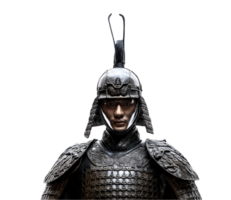 front view of an ancient chinese warrior from the han dynasty in detailed traditional armor and helmet, historical military portrait for ancient chinese battle reenactment and cultural representation png