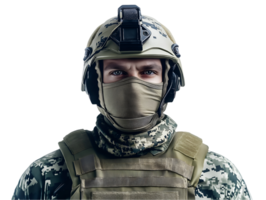 front view of a u.s. navy seal in modern tactical gear and camouflage uniform with combat helmet and face mask, military portrait for special operations and advanced warfare representation png