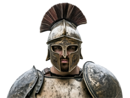 front view of a spartan warrior in ancient greek armor with plumed helmet and shield, historical portrait of a fierce warrior for ancient battle reenactment and greek military representation png