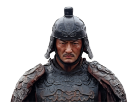 front view of an ancient chinese warrior from the han dynasty wearing traditional armor and helmet, historical portrait for reenactment and ancient chinese military representation png