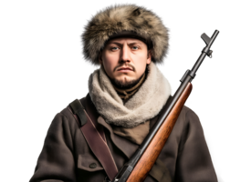 front view of a soviet red army soldier from world war ii wearing winter uniform with fur hat and rifle, historical military portrait for cold weather combat reenactment and wartime representation png