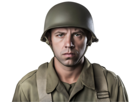 front view of a world war ii u.s. soldier wearing a standard military helmet and uniform, historical military portrait for ww2 reenactment and wartime representation png