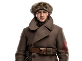 front view of a soviet red army soldier from world war ii in heavy winter coat and fur hat, military portrait for cold weather combat reenactment and historical wartime representation png