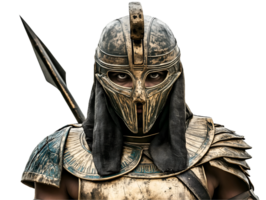front view of an ancient egyptian soldier wearing a bronze helmet and armor, armed with a spear, historical warrior portrait for ancient egyptian military reenactment and battle representation png
