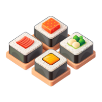 3D style illustration, flat style of a set of 4 isometric sushi pieces spaced apart in each image, isolated on a transparent background png