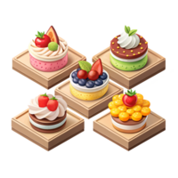 3D style illustration, flat style of a set of 5 isometric Toppings for decorating desserts pieces spaced apart in each image, isolated on a transparent background png