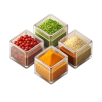 3D style illustration, flat style of a set of 4 isometric Food seasoning pieces spaced apart in each image, isolated on a transparent background png