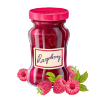 Glass Jar with Raspberry Jam and berries all around it. Isolated png