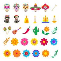 Dia de los muetros icons set. A collection of colorful flowers and skulls, including a skeleton with a guitar, a skeleton with a dog, and a skeleton with a cactus vector