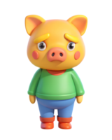 3D anime rendering of pig disappointment, casual clothing, isolated on transparent background png