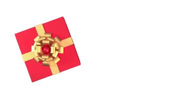 Top view of red gift box with gold ribbon and bow isolated on white background and copy space. Giving present, happy new year, christmas, valentine's day, birthday, shopping, concept. 3d render. photo