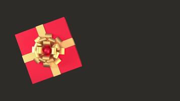 Top view of red gift box with gold ribbon and bow isolated on black background and copy space. Giving present, happy new year, christmas, valentine's day, birthday, shopping, concept. 3d render. photo