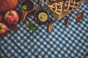 Rustic autumn harvest scene with freshly baked apple pie, red apples, pumpkin, lemon tea, and fallen leaves on a checkered picnic tablecloth photo