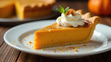 a piece of pumpkin pie covered with whipped cream on a wooden table. American pumpkin pie, Thanksgiving, Harvest photo