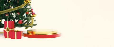 Red and gold Christmas podium or pedestal with christmas tree and gift boxes for product display. 3d new year concept render illustration, banner or header design. photo