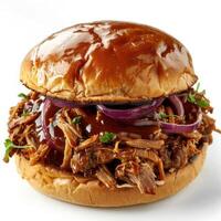 a close up of a pulled pork sandwich with onions and ketchup photo