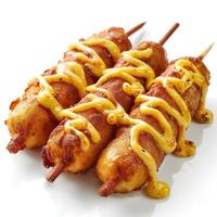 three hot dogs covered in mustard and ketchup photo