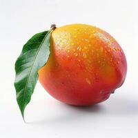 a mango with a leaf on it on a white surface photo