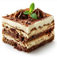 a piece of cake with chocolate and cream on it photo