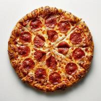 a pepperoni pizza on a white table with a slice missing photo
