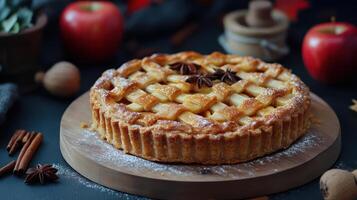 a pie with apples and cinnamon on a wooden plate photo
