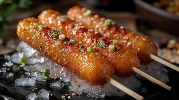 a close up of a plate of food with chopsticks photo