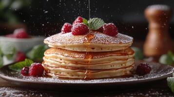a stack of pancakes covered in powdered sugar and raspberries photo