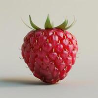 a close up of a raspberry with a green stem on a white surface photo
