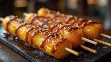 a close up of a plate of food with skewers photo