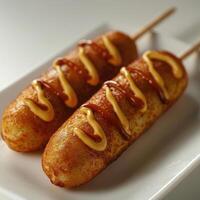 two hot dogs covered in mustard on a white plate photo