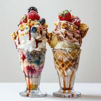 two ice cream sundaes with toppings and toppings on top photo