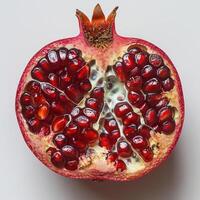a close up of a pomegranate cut in half on a white surface photo