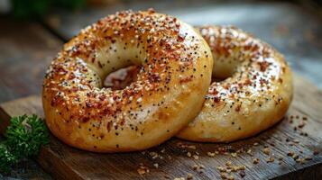 two bagels sitting on top of a wooden cutting board photo