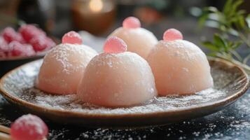 a plate topped with three desserts covered in powdered sugar photo
