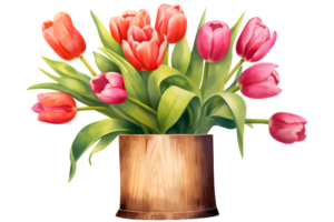 Beautiful Tulips in a Wooden Vase for a Charming Floral Display png