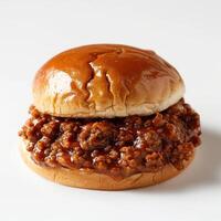 a sloppy dog sandwich on a bun with a side of beans photo