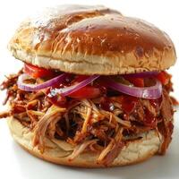 a close up of a pulled pork sandwich with onions and peppers photo