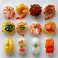 a close up of a plate of sushi with different types of food photo