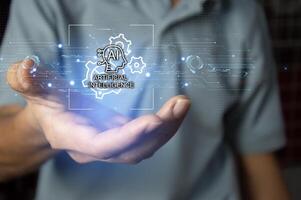 Ai tech, businessman show virtual graphic Global Internet connect Chatgpt Chat with AI, Artificial Intelligence. using command prompt for generates something, Futuristic technology transformation. photo