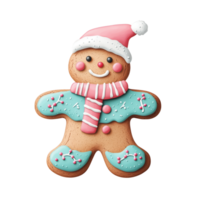 Cheerful gingerbread man cookie with colorful icing and a Santa hat isolated on transparent background. png