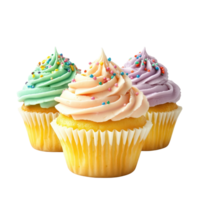 Delicious cupcakes with colorful frosting and sprinkles, perfect for any celebration or treat. isolated on transparent background. png