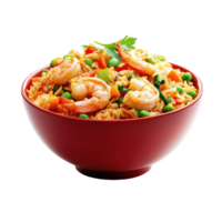 A vibrant bowl of shrimp fried rice filled with colorful vegetables and a refreshing garnish, set against a white background. png